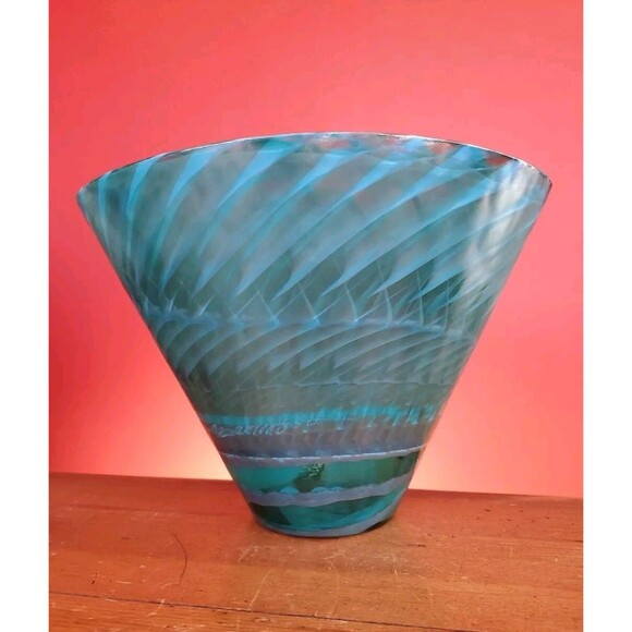 Murano Aquamarine Swirl Ocean Glass Vase Green Vintage Rare Labeled Italy Bowl - Picture 4 of 11